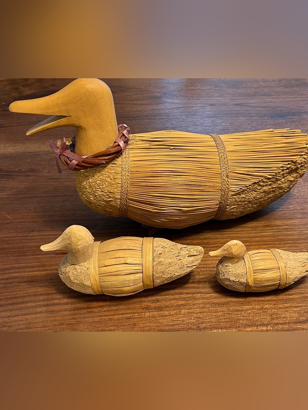 Vintage Reed Duck Decoy W/Natural Hand Carved Wood Head Straw Feathers 17” x 8”